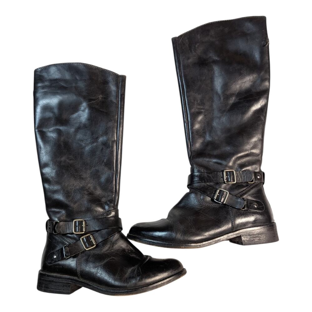 Hinge Devin Black Heavy Leather Knee High Buckle Strap Riding Boots Sz 8
